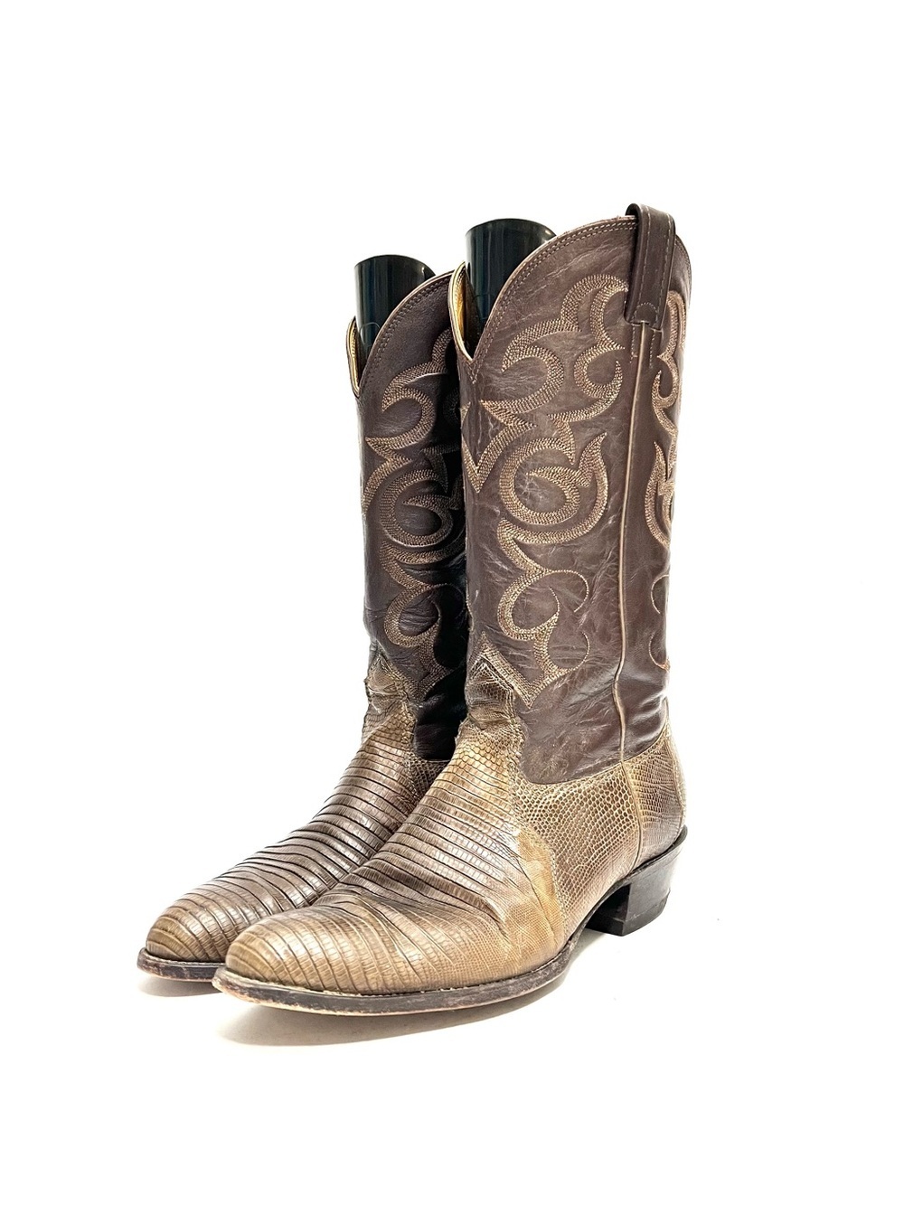Vintage 1990s men's brown reptile and leather mid calf western cowboy boots